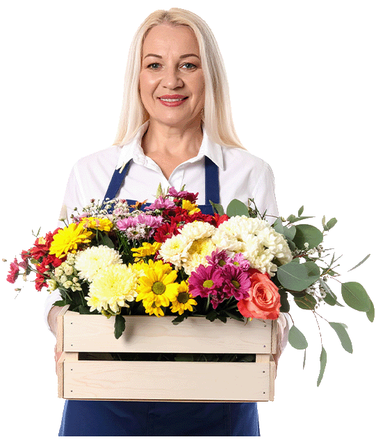 Bloemengroothandelaar met bloemenmand als symbool voor sierteelt en veilingverkoop