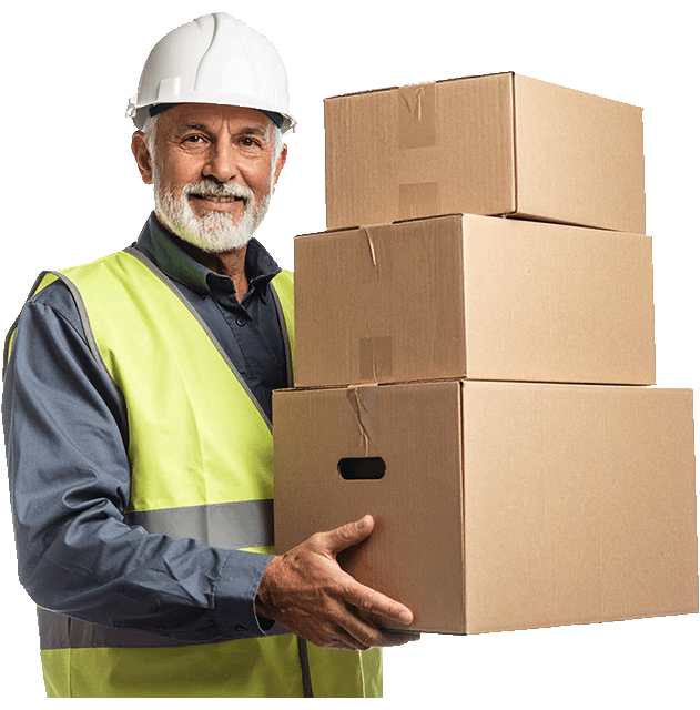 Lachende groothandelaar met dozen, symboliseert logistiek en efficiënt voorraadbeheer