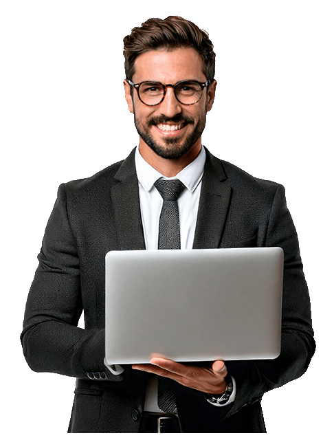 Lachende zakenman met laptop – visualisatie van ERP-software en e-commerce oplossingen voor de groothandel via Softmaat