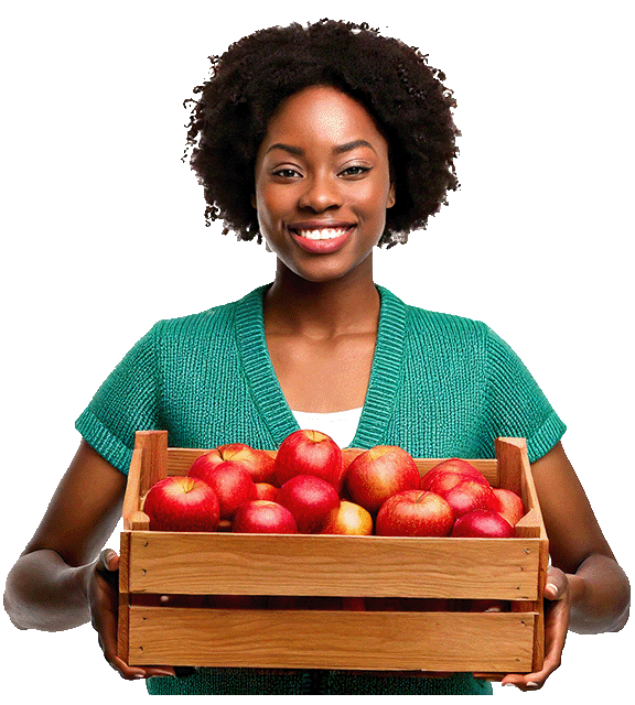 Een vrouw met een mand vol appels symboliseert persoonlijke service voor levensmiddelengroothandels