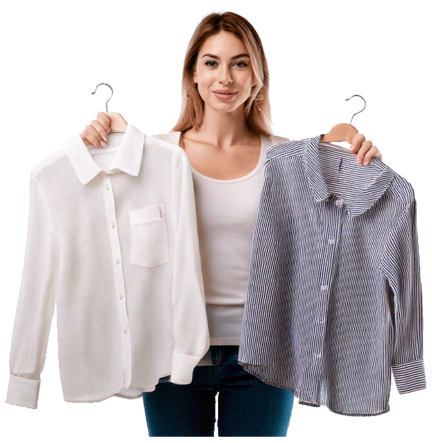 Kledinggroothandel - vrouw toont modeartikelen als symbool voor kleur- en maatbeheer