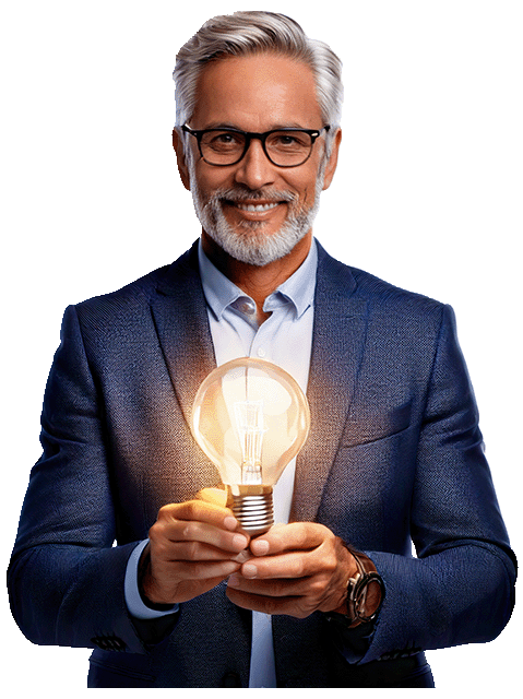 Zakenman met lamp als idee-symbool - Softmaat biedt slimme maatwerksoftware