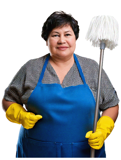 Vriendelijke schoonmaakmedewerker als symbool voor gebruikersgerichte weboplossingen