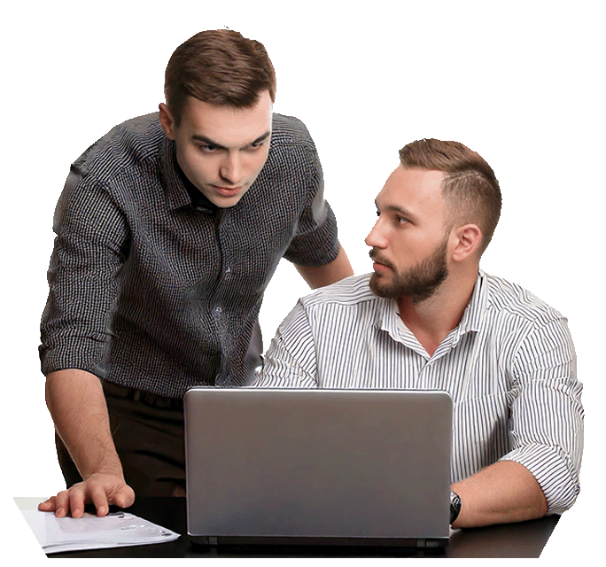 Visualisatie van Exact Online implementatie: twee zakenmensen bespreken software-inrichting, symbolisch voor de samenwerking tussen Softmaat en bedrijven bij het implementeren van Exact Online